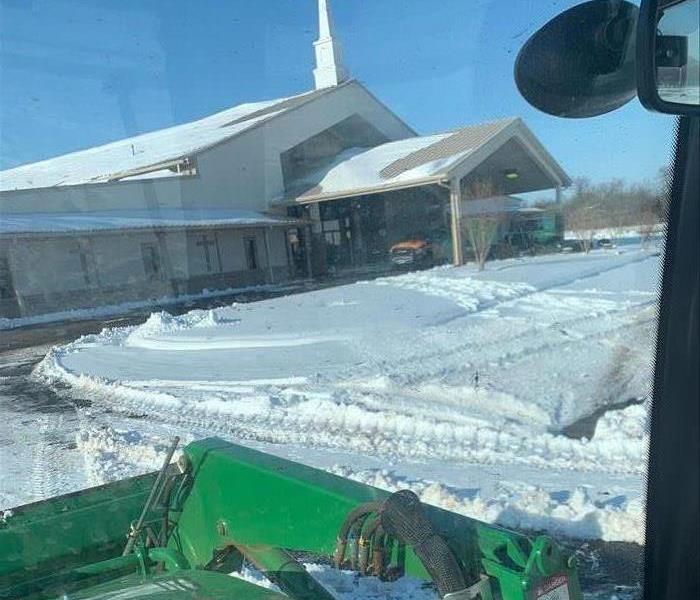 snow, church, green tractor
