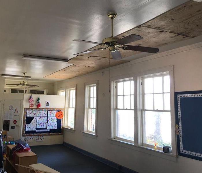 classroom, ceiling wet and falling